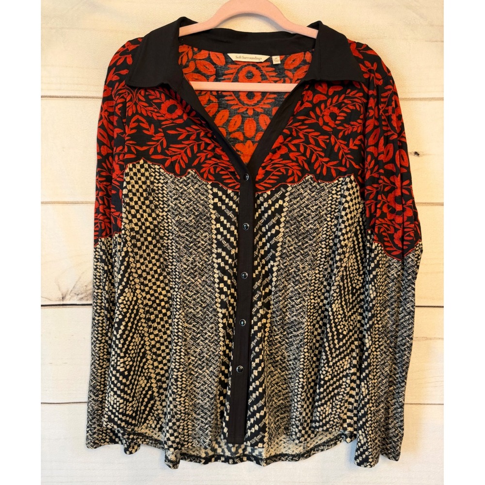 Soft Surroundings Mixed Print Floral Geometric Button Down Top Red Black PL